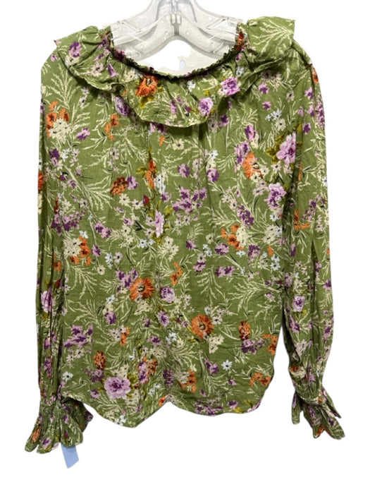 By Anthropologie Size XL Green & Multi Cotton Floral Wide Neck Ruffle Top Green & Multi / XL