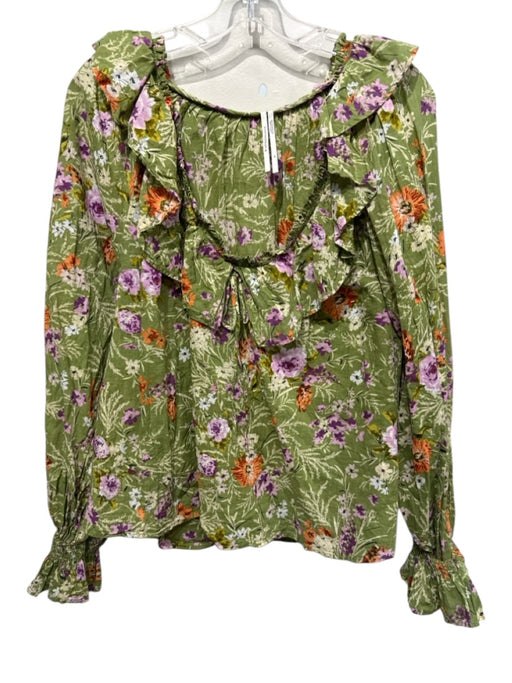 By Anthropologie Size XL Green & Multi Cotton Floral Wide Neck Ruffle Top Green & Multi / XL