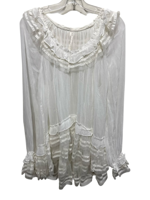 By Anthropologie Size L White Viscose Mesh Overlay Ruffle Details Semi Sheer Top White / L