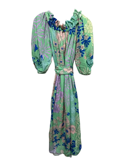 OOPSCOOL Size S Green & Multi Polyester Floral Short Puff Sleeve Dress Green & Multi / S