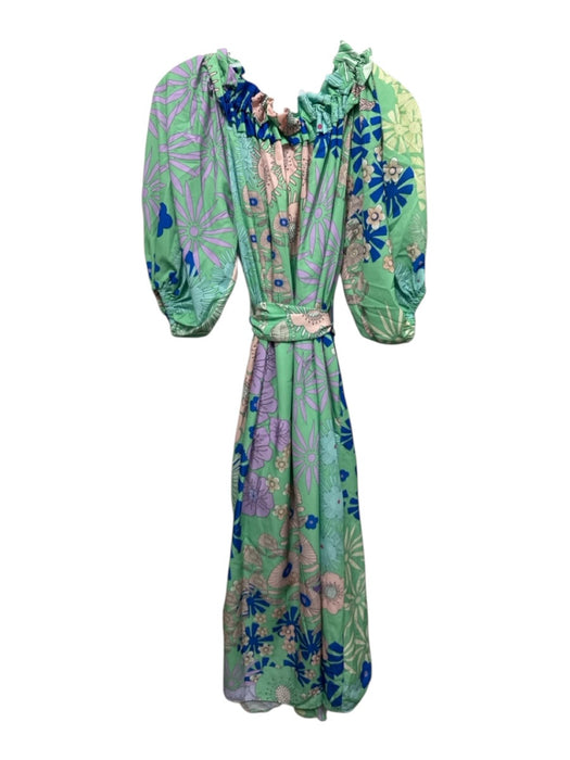 OOPSCOOL Size S Green & Multi Polyester Floral Short Puff Sleeve Dress Green & Multi / S