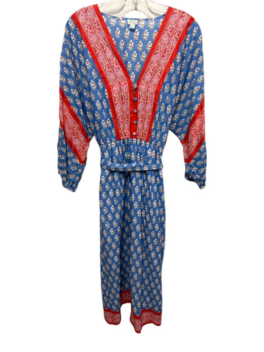 J. Crew Beachwear Size L Blue, Red & White Cotton Floral 1/2 Button Midi Dress Blue, Red & White / L