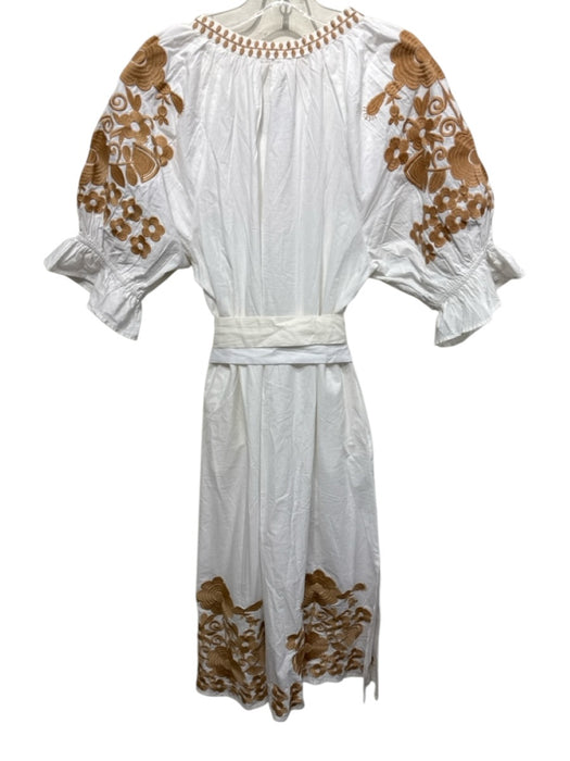 Julia Amory Size XXL White & Beige Cotton Embroidered Short Puff Sleeve Dress White & Beige / XXL