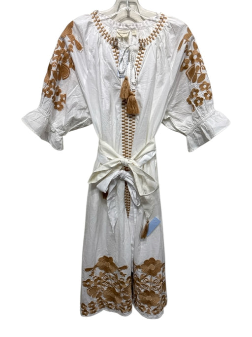 Julia Amory Size XXL White & Beige Cotton Embroidered Short Puff Sleeve Dress White & Beige / XXL