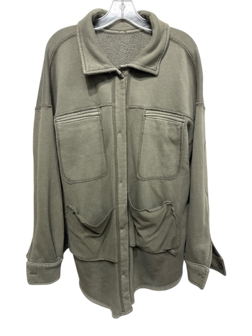 Free People Size L Army Green Cotton Blend Boucle Button Front Collared Jacket Army Green / L
