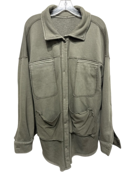 Free People Size L Army Green Cotton Blend Boucle Button Front Collared Jacket Army Green / L