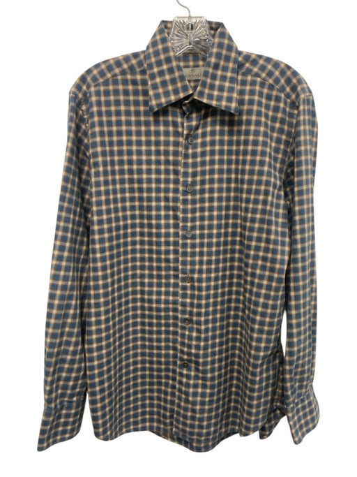 Canali Size M Blue & Brown Cotton Plaid Button Up Men's Long Sleeve Shirt Blue & Brown / M