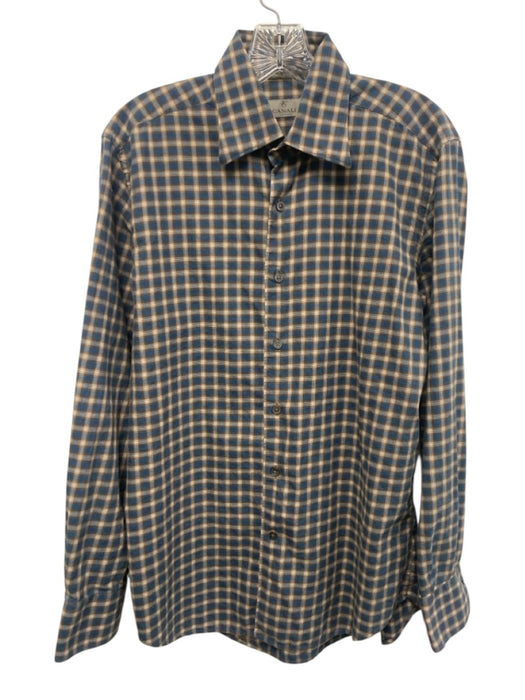 Canali Size M Blue & Brown Cotton Plaid Button Up Men's Long Sleeve Shirt Blue & Brown / M