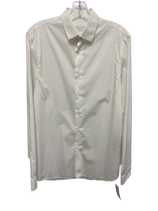 Prada Size 15.5 White Cotton Solid Button Up Spread Collar Long Sleeve Shirt White / 15.5