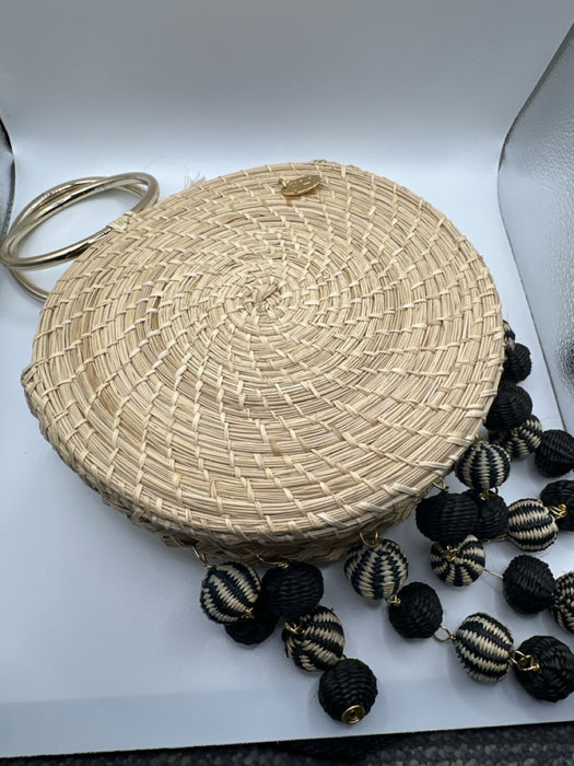 Soraya Hennessy Tan & black Straw Round Handles Circle Pom Pom Bag
