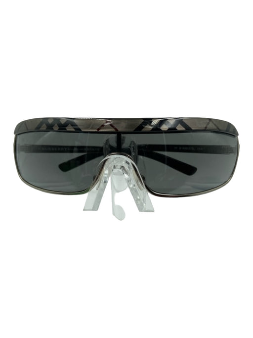 Burberry Gunmetal, Black, Red Metal & Acetate Rectangle Plaid Tinted Sunglasses Gunmetal, Black, Red