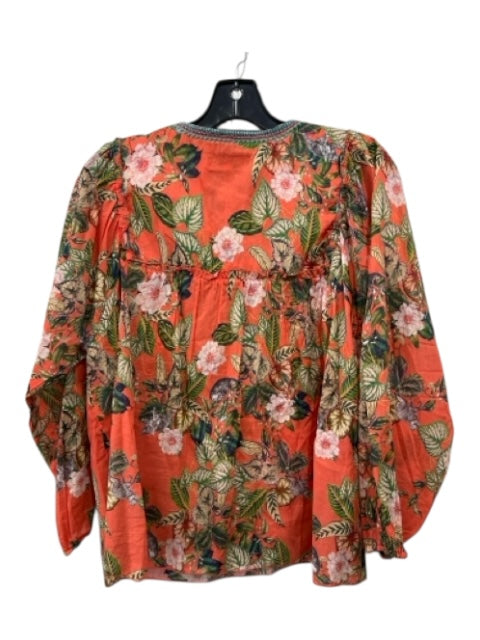 Johnny Was Workshop Size S Orange & Multi Cotton Tassel Ties Botanical Print Top Orange & Multi / S