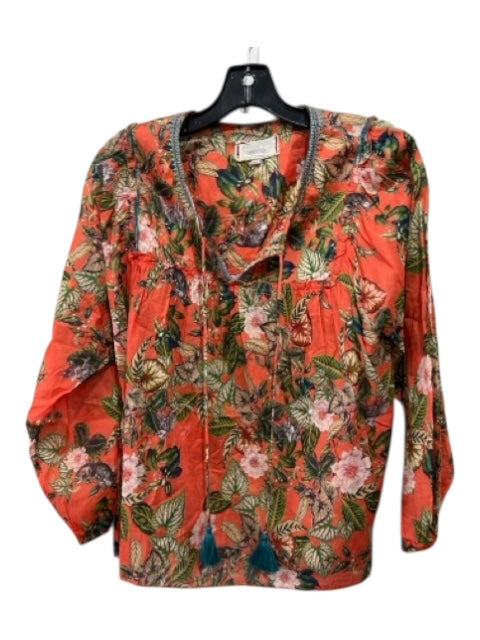 Johnny Was Workshop Size S Orange & Multi Cotton Tassel Ties Botanical Print Top Orange & Multi / S