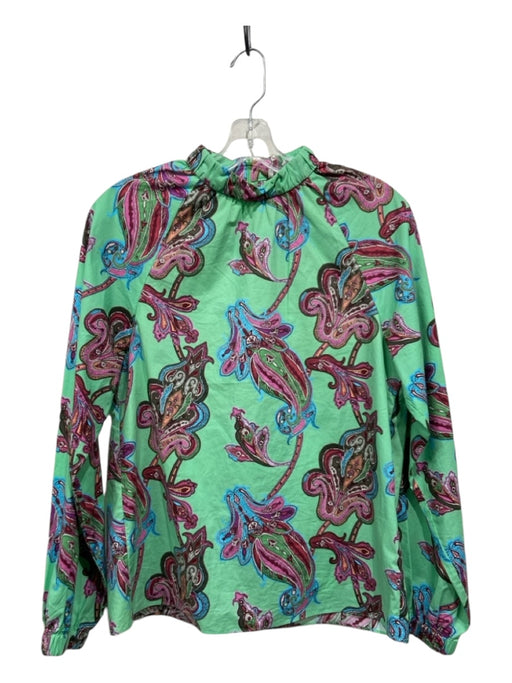 Tibi Size XS Mint & Multi Cotton Long Sleeve Paisley Mock Neck Elastic Cuff Top Mint & Multi / XS