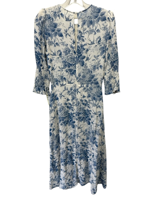 Reformation Size s / 4 Cream White & Blue Viscose Floral 3/4 Sleeve Dress Cream White & Blue / s / 4