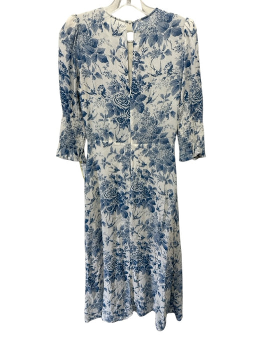Reformation Size s / 4 Cream White & Blue Viscose Floral 3/4 Sleeve Dress Cream White & Blue / s / 4
