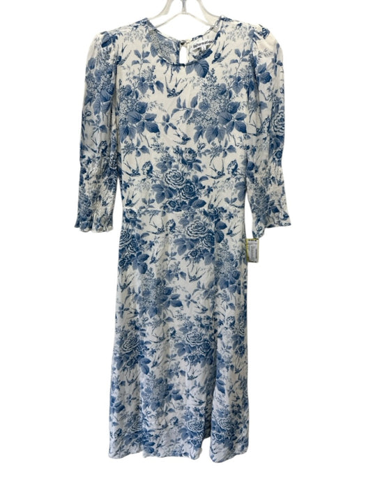 Reformation Size s / 4 Cream White & Blue Viscose Floral 3/4 Sleeve Dress Cream White & Blue / s / 4
