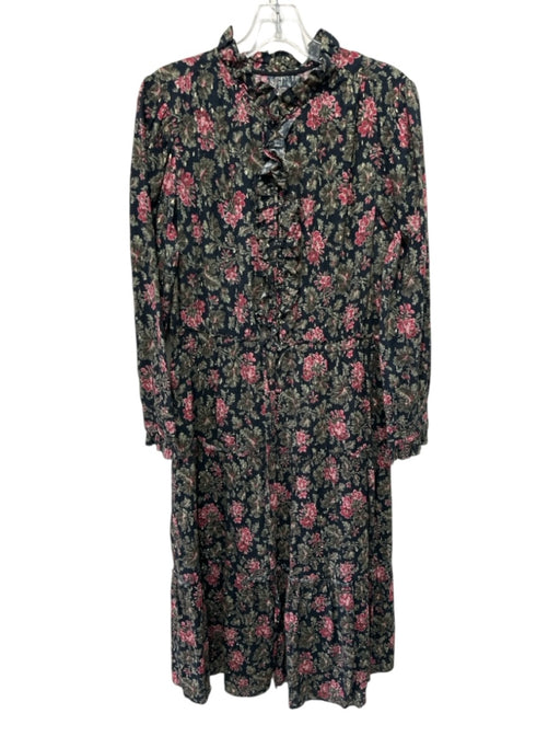La Vie Size L Black, Green & Pink Print Cotton Metallic Thread Long Sleeve Dress Black, Green & Pink Print / L