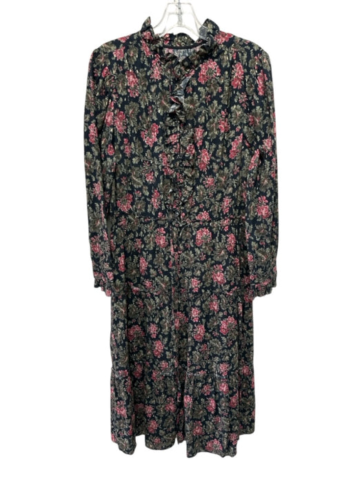 La Vie Size L Black, Green & Pink Print Cotton Metallic Thread Long Sleeve Dress Black, Green & Pink Print / L