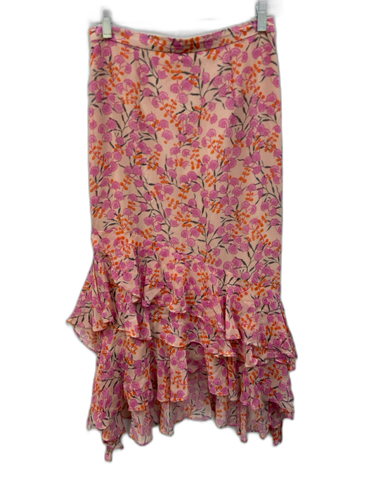 Saloni Size 4 Pink, Orange, Black Silk ruffles Floral Midi Side Zip Skirt Pink, Orange, Black / 4