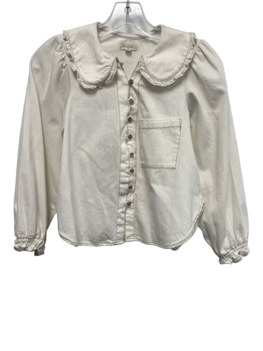 Pilcro Size XXS White & Brown Cotton Long puff sleeve Contrast Stitch Top White & Brown / XXS