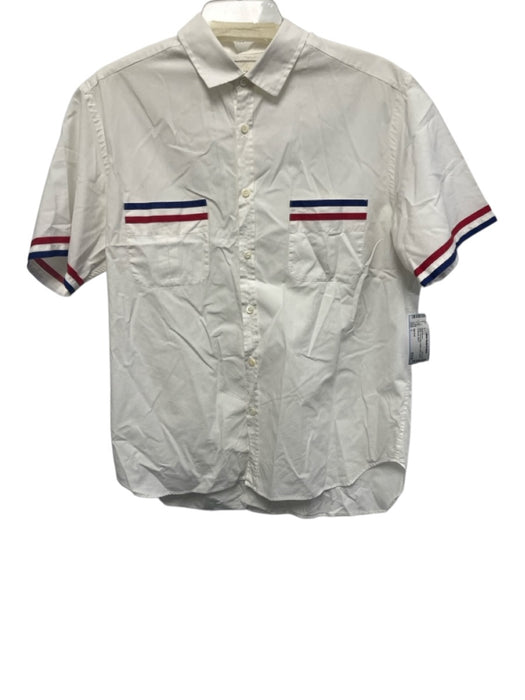 Billy Reid Size L White, Red & Blue Cotton Solid Buttons Men's Short Sleeve White, Red & Blue / L
