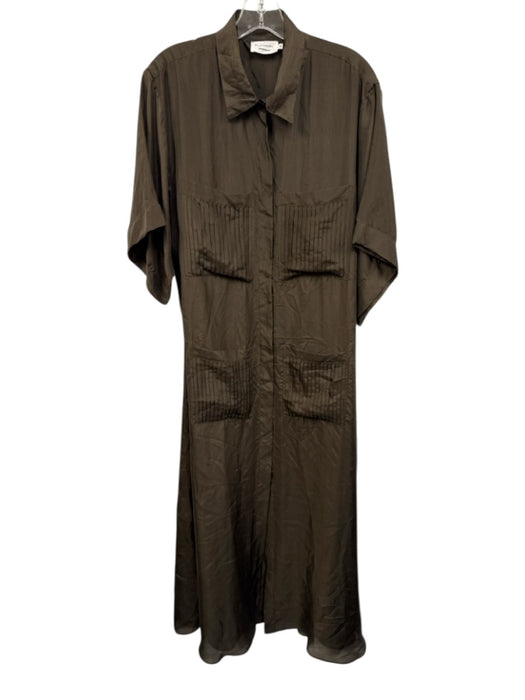 Flannel Size 2 Dark Brown Silk Short Sleeve Pleated Button Front Maxi Dress Dark Brown / 2