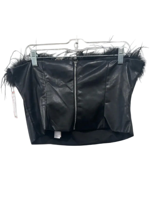 Aqua Size L Black Faux Leather Feather Trim Back Zip Strapless Top Black / L