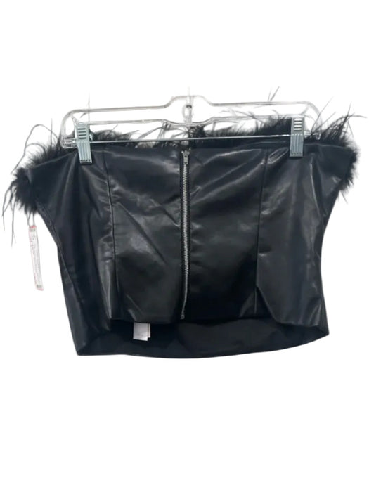 Aqua Size L Black Faux Leather Feather Trim Back Zip Strapless Top Black / L
