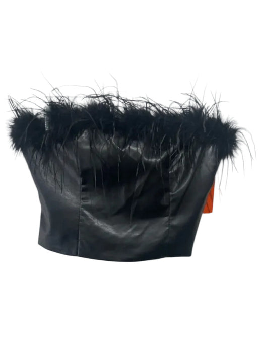 Aqua Size L Black Faux Leather Feather Trim Back Zip Strapless Top Black / L
