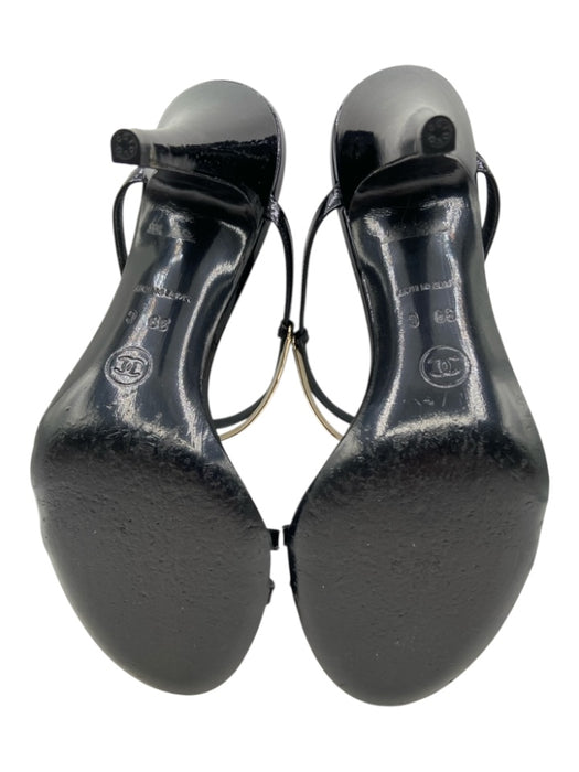Chanel Shoe Size 39 Black & Gold Patent Leather Strappy Charm Logo Sandals Black & Gold / 39