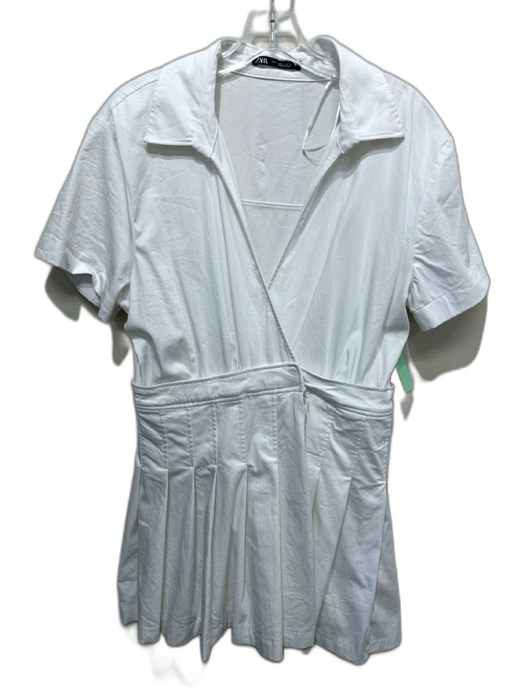 Zara Size L White Cotton Short Sleeve Surplice Pleated Skirt Collar Dress White / L