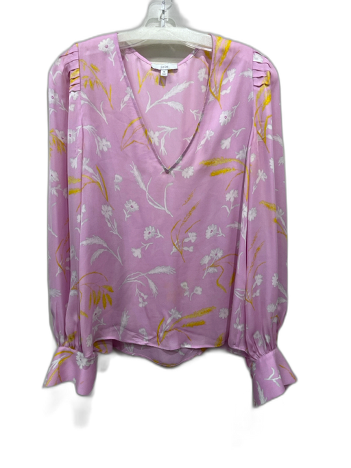 Joie Size M Pink & Yellow Silk Long Balloon Sleeve Floral V Neck Cuff Detail Top Pink & Yellow / M