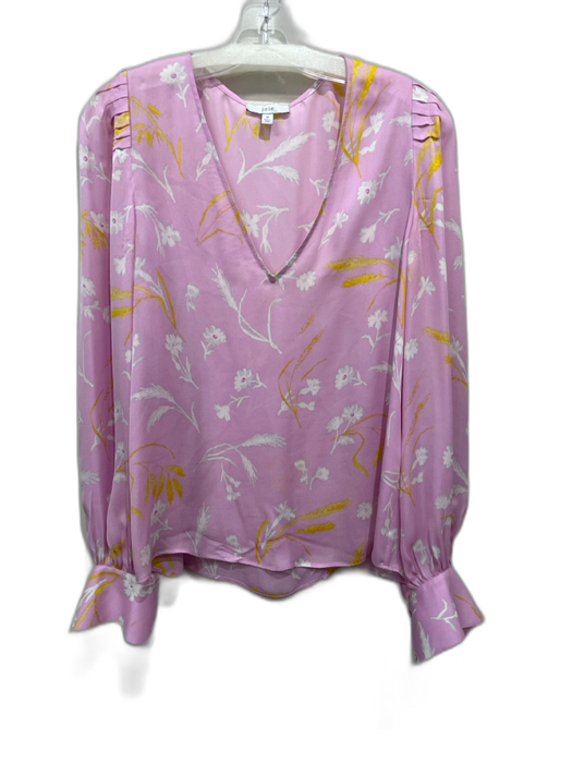 Joie Size M Pink & Yellow Silk Long Balloon Sleeve Floral V Neck Cuff Detail Top Pink & Yellow / M