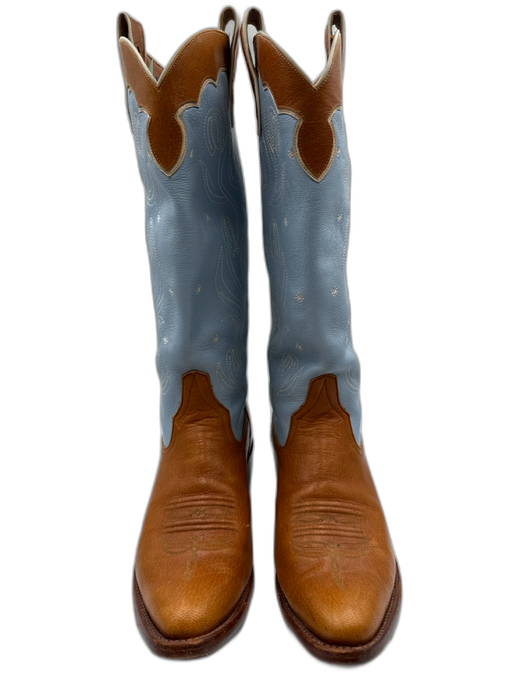 Miron Crosby Shoe Size 11 Baby Blue & Tan Leather Color Block Stacked Heel Boots Baby Blue & Tan / 11