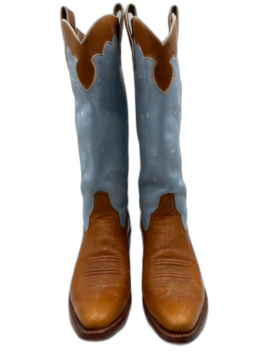 Miron Crosby Shoe Size 11 Baby Blue & Tan Leather Color Block Stacked Heel Boots Baby Blue & Tan / 11