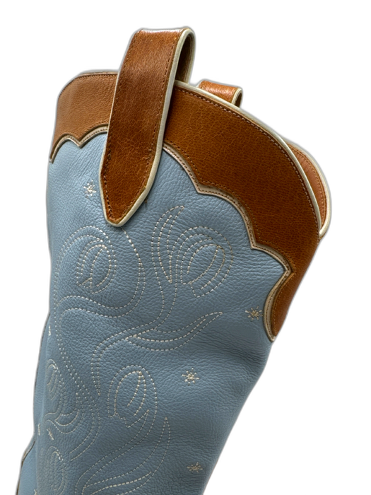 Miron Crosby Shoe Size 11 Baby Blue & Tan Leather Color Block Stacked Heel Boots Baby Blue & Tan / 11