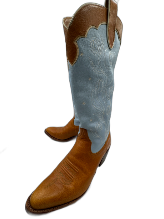 Miron Crosby Shoe Size 11 Baby Blue & Tan Leather Color Block Stacked Heel Boots Baby Blue & Tan / 11