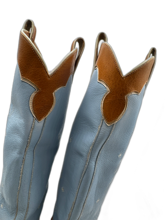 Miron Crosby Shoe Size 11 Baby Blue & Tan Leather Color Block Stacked Heel Boots Baby Blue & Tan / 11