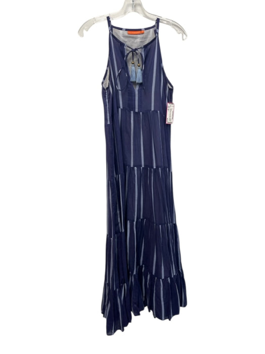 Oliphant Size XS Mixed Blues Cotton Striped Sleeveless Tassel V Neck Dress Mixed Blues / XS