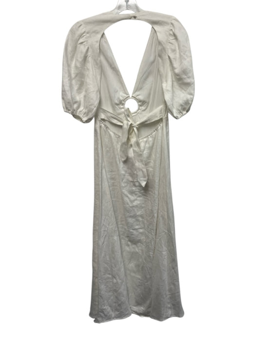 Dissh Size 6 White Linen Short Puff Sleeve Gathered Ring Detail Open Back Dress White / 6