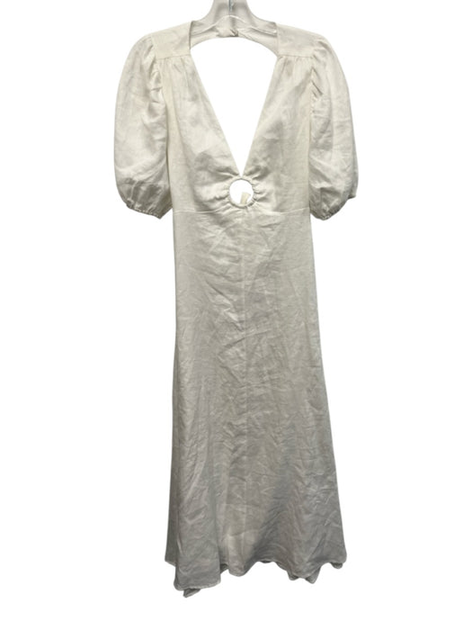 Dissh Size 6 White Linen Short Puff Sleeve Gathered Ring Detail Open Back Dress White / 6