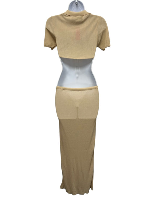 Aya Muse Size M Beige Rayon Ribbed Knit Short Sleeve Collared V Neck Dress Beige / M