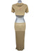 Aya Muse Size M Beige Rayon Ribbed Knit Short Sleeve Collared V Neck Dress Beige / M