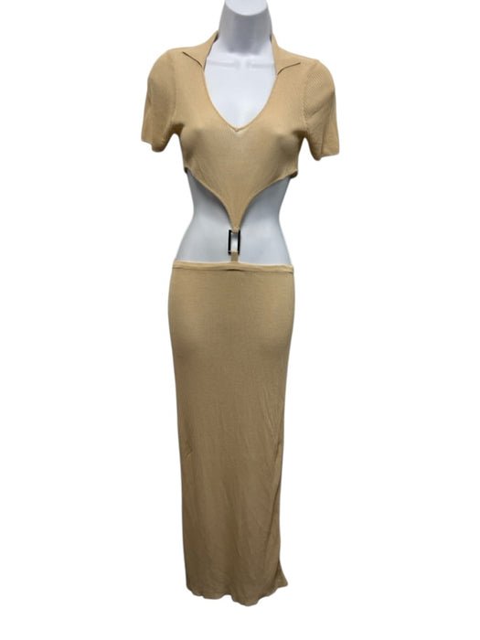 Aya Muse Size M Beige Rayon Ribbed Knit Short Sleeve Collared V Neck Dress Beige / M