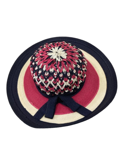 Yves Saint Laurent Red White Black Raffia Woven Wide Brim Crochet detail Bow Hat Red White Black / One Size