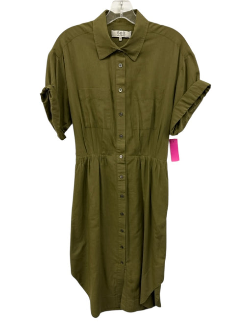 Sea New York Size 2 Green Faded Fabric Tag Short Cuff Sleeve Button Front Dress Green / 2