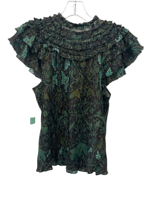 Ulla Johnson Size 2 Green, Aqua & Gold Cotton Blend Ruffle Short Sleeve Ties Top Green, Aqua & Gold / 2
