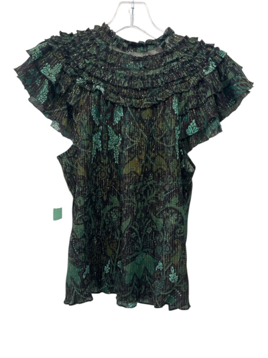 Ulla Johnson Size 2 Green, Aqua & Gold Cotton Blend Ruffle Short Sleeve Ties Top Green, Aqua & Gold / 2