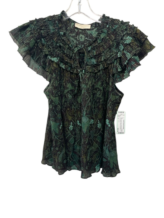 Ulla Johnson Size 2 Green, Aqua & Gold Cotton Blend Ruffle Short Sleeve Ties Top Green, Aqua & Gold / 2